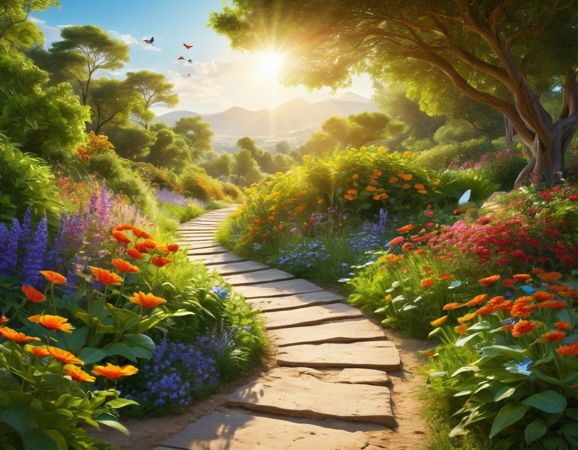 A serene landscape showcasing a sunlit path winding through lush greenery, symbolizing the journey of transformation and positivity. Include a diverse group of people engaging in joyful activities like yoga, meditation, and laughter. Bright, cheerful colors to evoke a sense of happiness and tranquility, with elements of nature like flowers and butterflies enhancing the scene. super-realistic. vibrant colors. peaceful atmosphere.