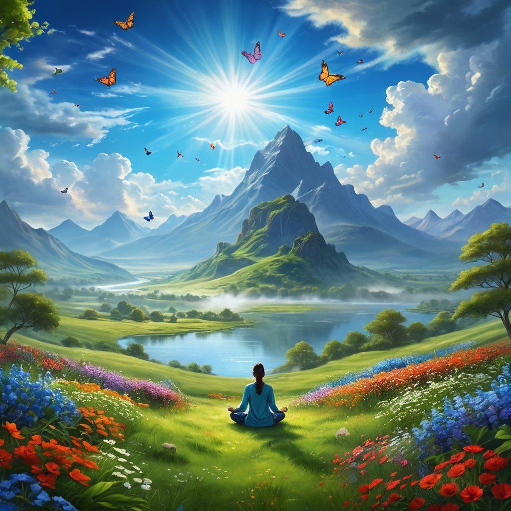 A serene landscape depicting a person joyfully meditating in a lush green field under a bright blue sky, surrounded by vibrant flowers and fluttering butterflies. Incorporate elements of nature such as a flowing river and distant mountains symbolizing tranquility and happiness. Incorporate light rays breaking through clouds, creating a heavenly atmosphere. super-realistic. vibrant colors. tranquil scene.