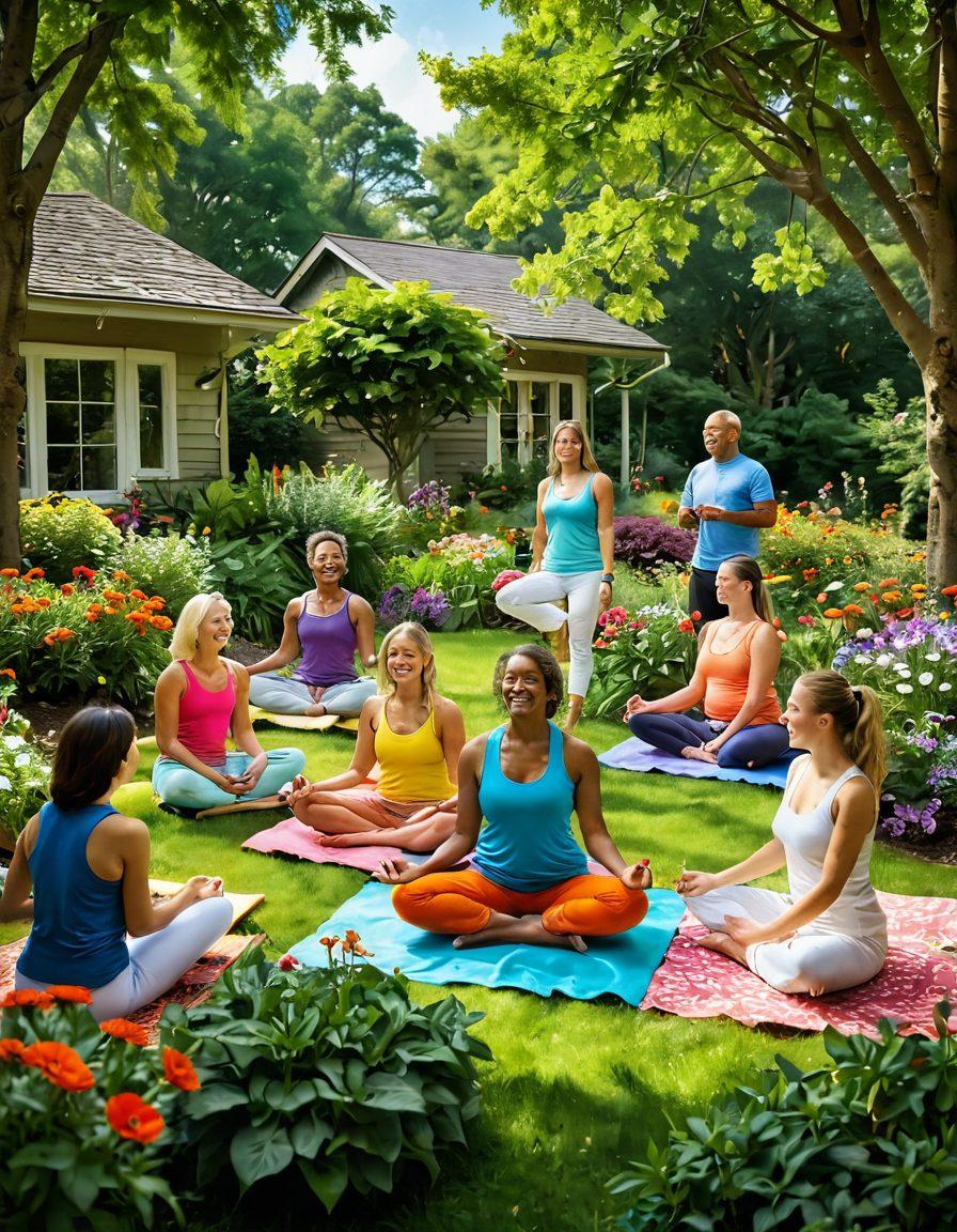A vibrant and colorful scene depicting a diverse group of people joyfully engaged in various outdoor activities, such as gardening, yoga, and laughter-filled gatherings. Surround them with lush greenery and blooming flowers to symbolize growth and positivity. Include elements like sunbeams breaking through the trees to evoke warmth and happiness. Capture the essence of community and cheerful living, emphasizing well-being. super-realistic. bright colors. natural setting.